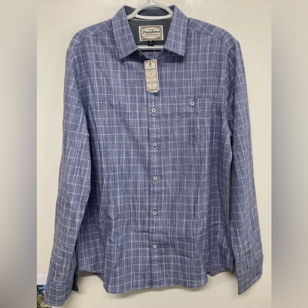 Flag & Anthem Mens Plaid Shirt Button Up Medium White Navy Blue Long Sleeve NWT